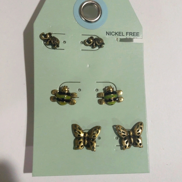 Gold-Tone Bee & Butterfly Stud Earrings Set  Nickel-Free Nature-Inspired Jewelry - Picture 4 of 10